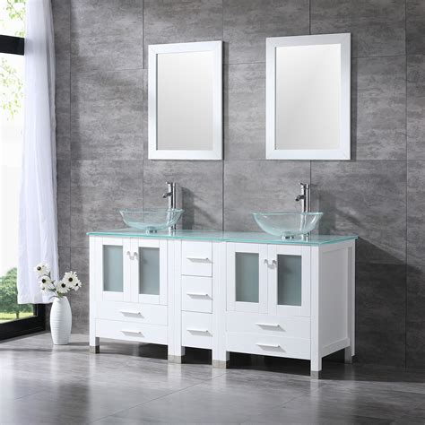 Wonine White 60 Bathroom Vanity Cabinet W Modern Double Glass Vessel
