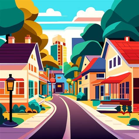 Premium Vector Town Street Cartoon Illustration Or Suburb District