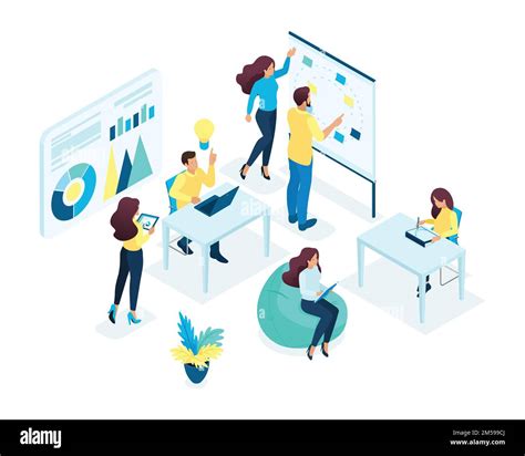 Isometric Concept Of A Young Team Teamwork Business Idea Development