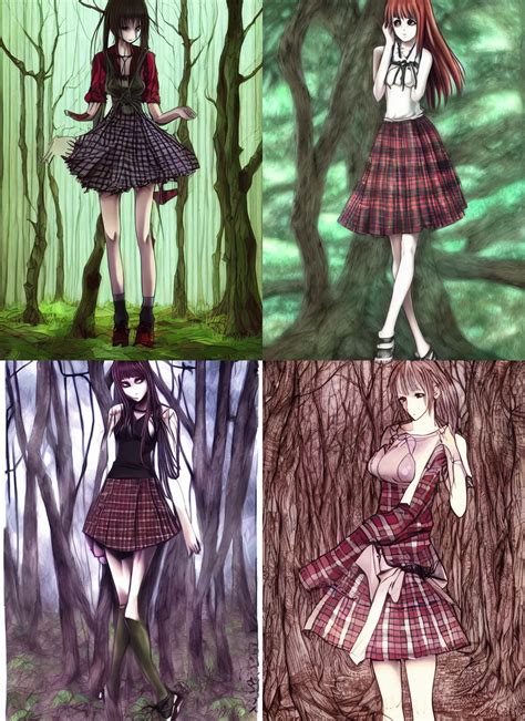 Woman In Plaid Miniskirt Standing In A Dark Forest Stable Diffusion