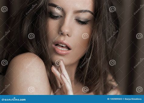 Sensual Woman Posing In Lingerie Perfect Slim Body Long Hair Stock