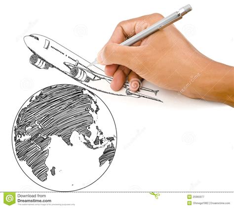 Hand Drawing Airplane For Travel Around The World Royalty
