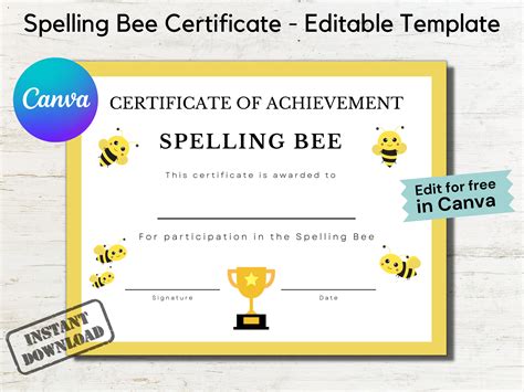 Editable Spelling Bee Certificate Spelling Bee Certificate Spelling