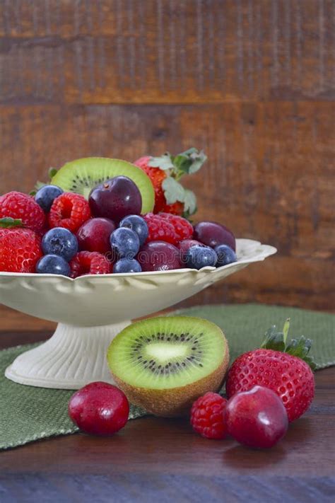 Summer Fruit In Vintage Bowl On Dark Wood Table Stock Image Image Of