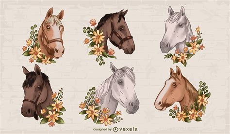 Watercolor Floral Horses Set Vector Download