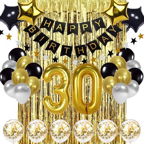 Black And Gold 30th Birthday Decorations Banner Balloon Number