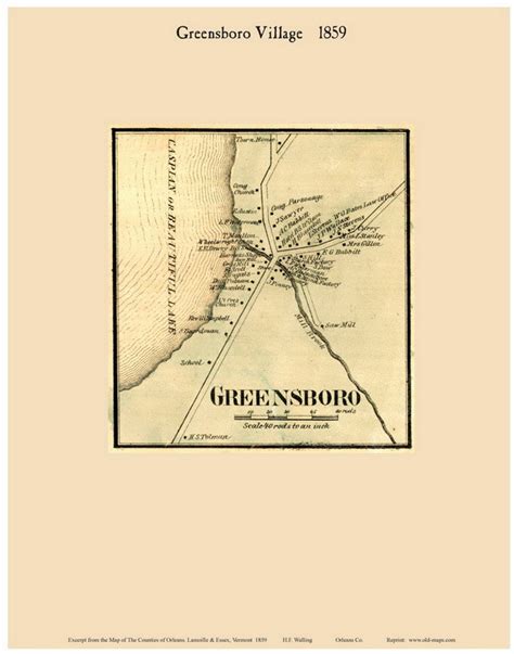 Greensboro Village Vermont 1859 Old Town Map Custom Print Orleans Co