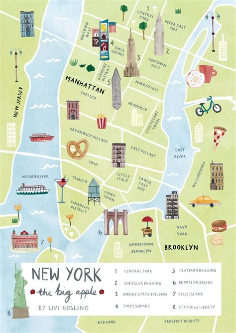 New York Geïllustreerd Kaart Print New York New York Kaart New York