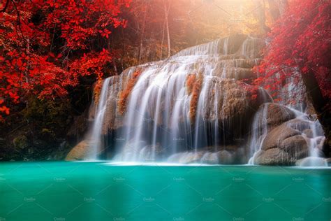 Beautiful Waterfall In Autumn Forest High Quality Nature Stock Photos ~ Creative Market