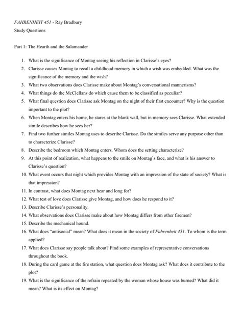 Fahrenheit 451 Part 1 Test - FAHRENHEIT 451 - Ray Bradbury Study Questions Part 1: The