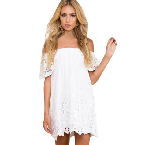 Hollow Out Beach Party Dresses Slash Neck Off Shoulder Summer Dress Women Pure White Natural