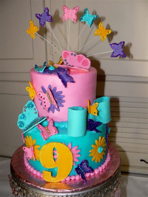 Julies 9th Birthday Cake With Fondant Butterflies Flowers And Bow