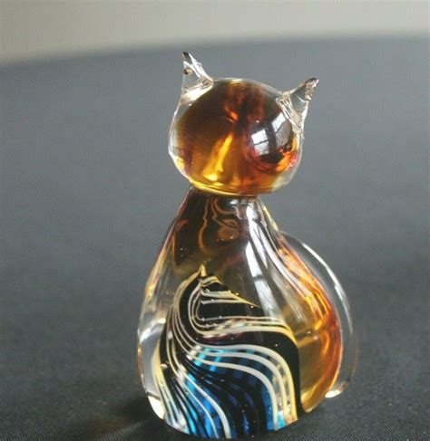 Vintage Hand Blown Art Glass Cat Paperweight Amazing Colors Ebay