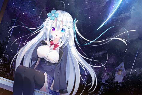 Download 2048x1536 Anime Girl Bicolored Eyes Falling Star Sky Night
