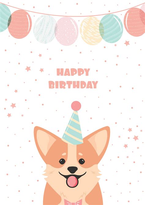 A cute birthday card with a smiling corgi face and balloons. Vector