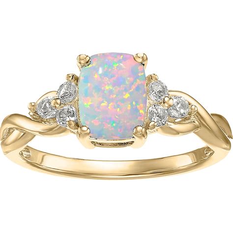 10k Yellow Gold Created Opal And White Topaz Ring Gemstone Rings