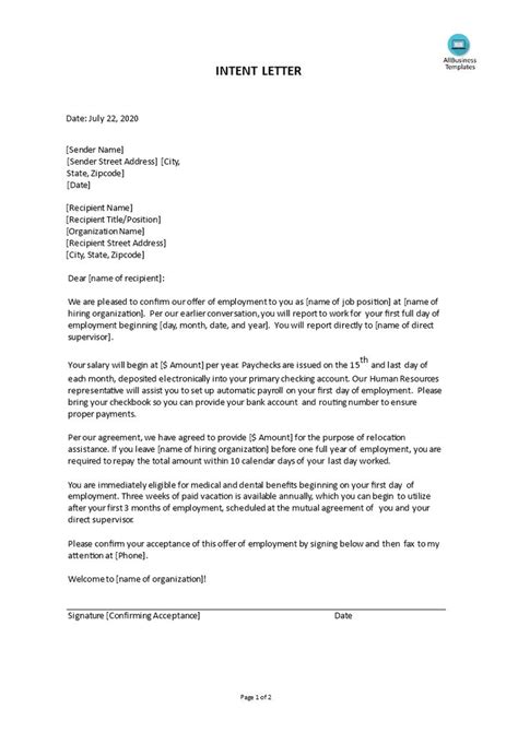 How to write an Intent Letter For Employment via email to a new