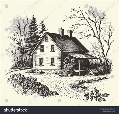 House Countryside Road Engraving Sketch Style Stock Vector Royalty