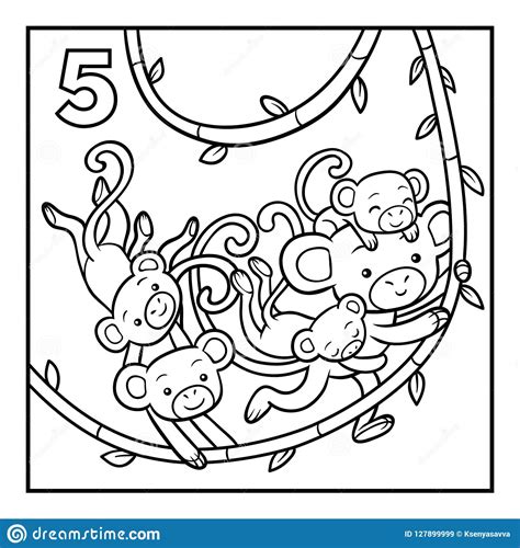 Coloring Book Five Monkeys Stock Vector Illustration Of Group Liana