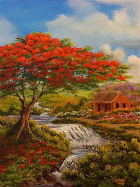 Flamboyan Y Casita En El Rio Caribbean Art Landscape Paintings
