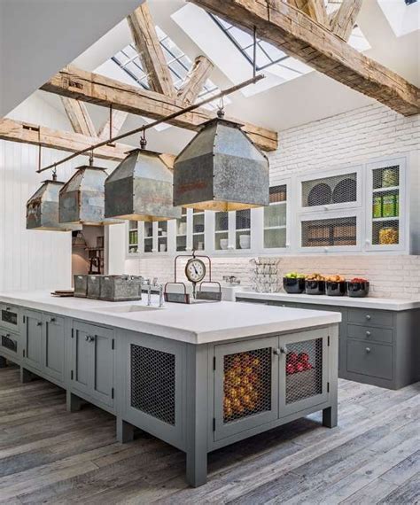 Large Farmhouse Kitchen With Gray Cabinets And Modern Industrial