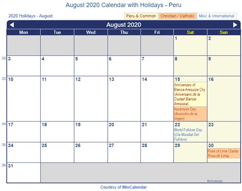 Print Friendly August 2020 Peru Calendar For Printing