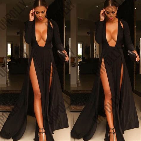 Womens Sexy V Neck Plunge Thigh Leg Split Maxi Gown Evening Cocktail