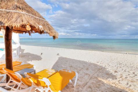 Lounge Chair Beds And Umbrella At White Sandy Beach In Caribbean Stock Photo Image Of Sunny