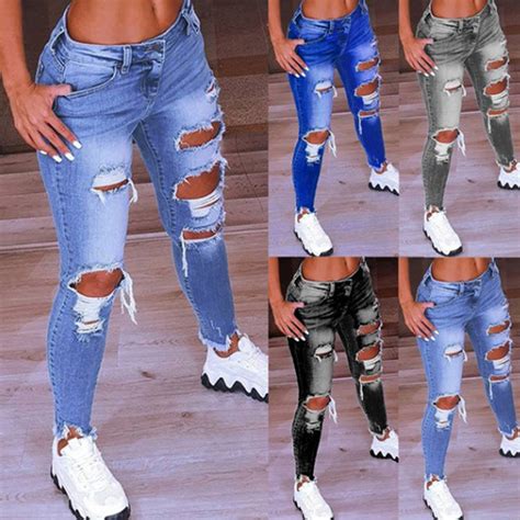 Archer Fashion Women Jeans Low Waist Hip Lift Ripped Holes Skinny Denim Pencil Pants Trousers