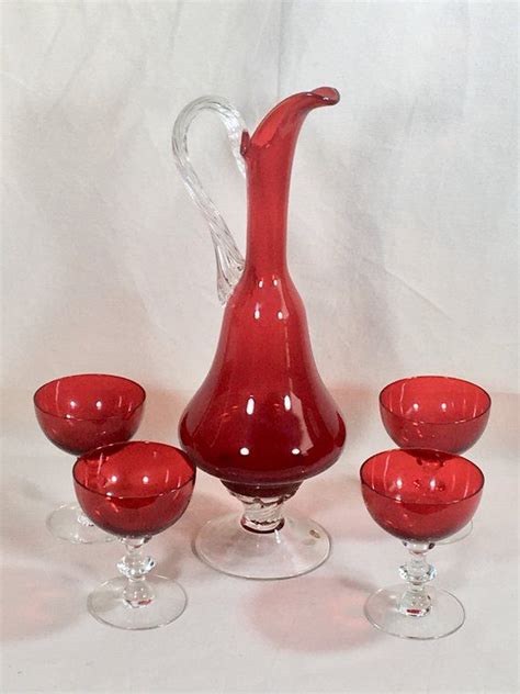 Vintage Blown Glass Wine Pitcher Goblet Set Red Murano Glass Made In Italy Glass Blowing