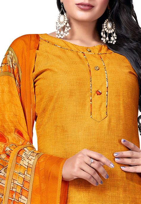 Printed Cotton Punjabi Suit In Mustard Kye1690