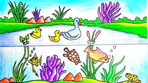 How To Draw A Under Water Scenery Step By Step Pond Drawing With Fish