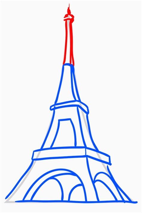 The Eiffel Tower In Blue And Red Is Drawn With A Pencil On White Paper