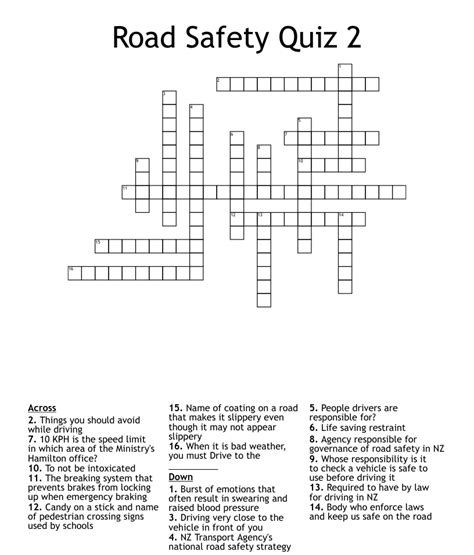 Road Safety Crossword Wordmint