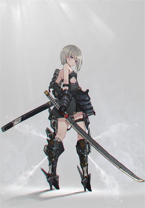 An Anime Character Holding Two Swords In Her Hand And Wearing Black