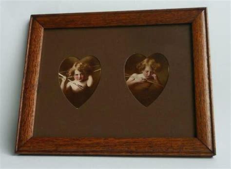 Antique 1897 Cupid Awake Asleep Parkinson Prints Heart Shape Mat Oak