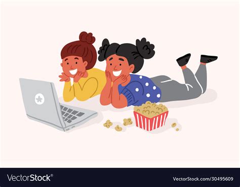 Girls Friends Watching Movie With Popcorn Laptop Vector Image