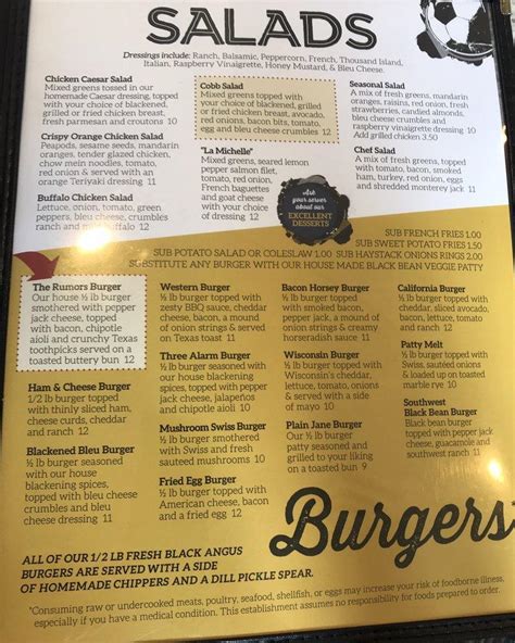 menu at rumors sports bar and grill sussex