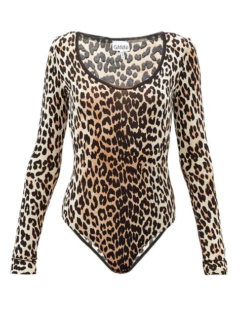 Brown Long Sleeved Leopard Print Jersey Bodysuit Ganni