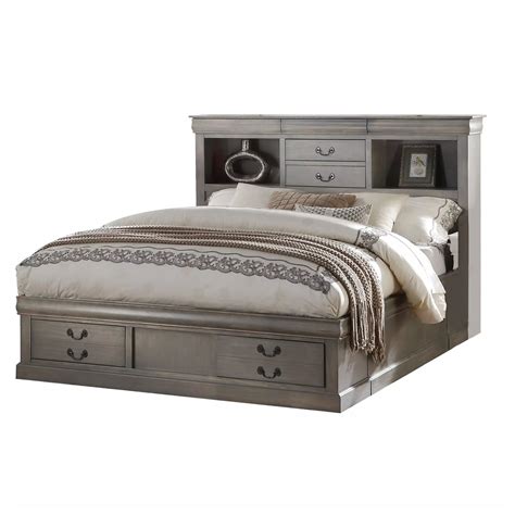 Wooden Queen Size Bed With 4 Drawers And 2 Open Shelves Storage Gray