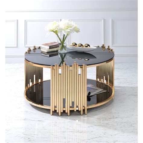 Bowery Hill Modern Round Glass Top Coffee Table In Black And Gold