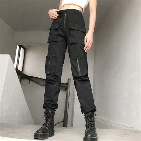 black streetwear cargo pants women zipper pockets patchwork trousers pants women fashion