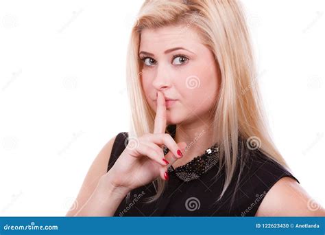 Attractive Blonde Woman Making Silence Gesture Stock Photo Image Of