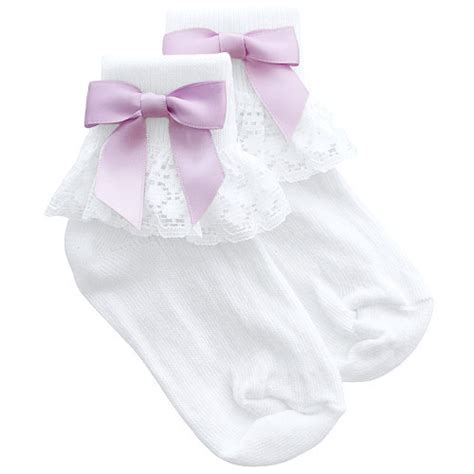 girls white lace socks with lilac satin bows uk