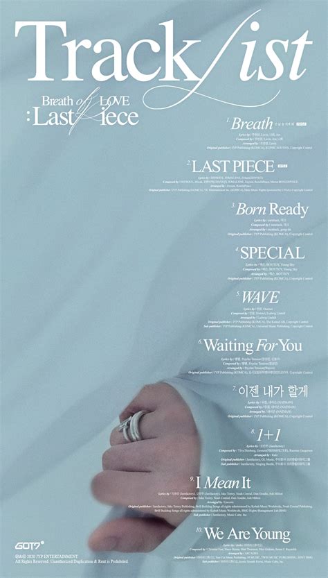 Commonly stylized as got7) is a south korean boy band formed by jyp entertainment. Update: GOT7 Reveals Sneak Peek Of All The Songs On Upcoming Album "Breath Of Love : Last Piece ...