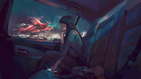 Wallpaper Looking Away In A Car Long Hair Anime Girl Mood