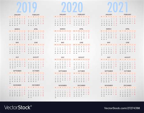 Calendar For 2019 2020 2021 Simple Template Vector Image