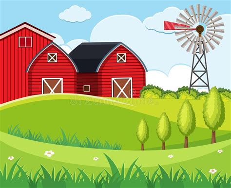 Background Scene With Red Barns And Wind Turbine Stock Vector