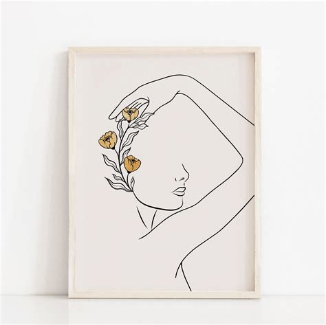 Woman With Flowers Line Art Print Female Face Body Neutral Etsy