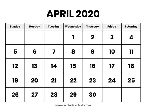 April 2020 Calendar Printable A Printable Calendar